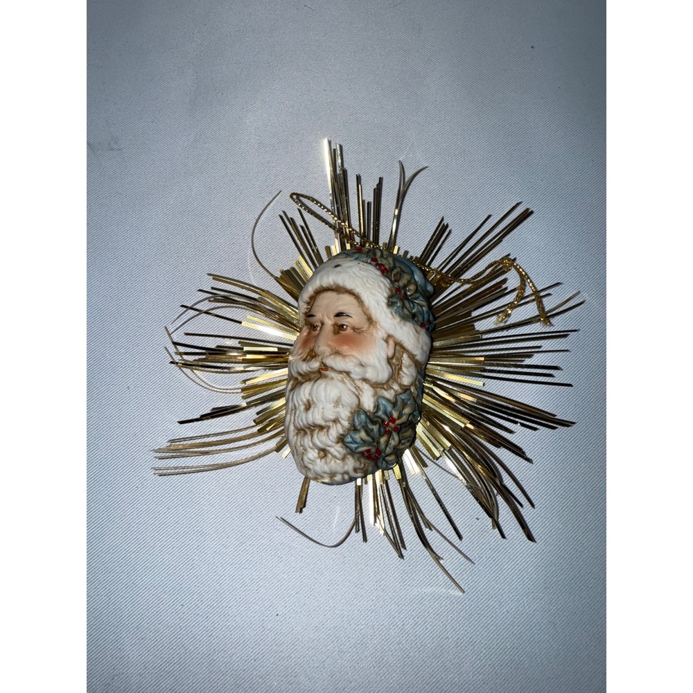 Vintage 1989 Ceramic Santa Claus Gold Starburst Christmas Ornament Holiday Decor